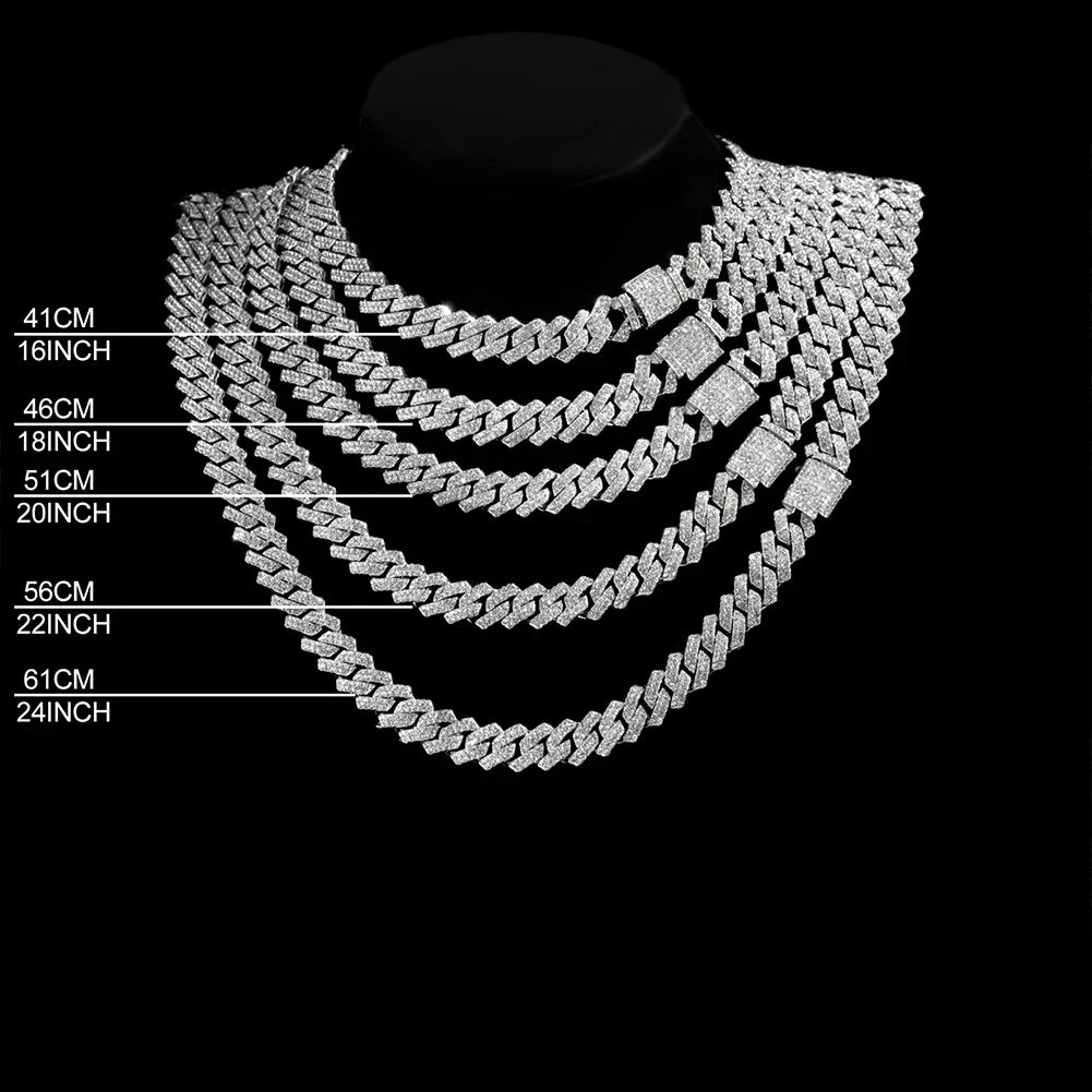 14mm Iced Out Prong Cuban Link Chain Necklace for 2 Row Rhinestone