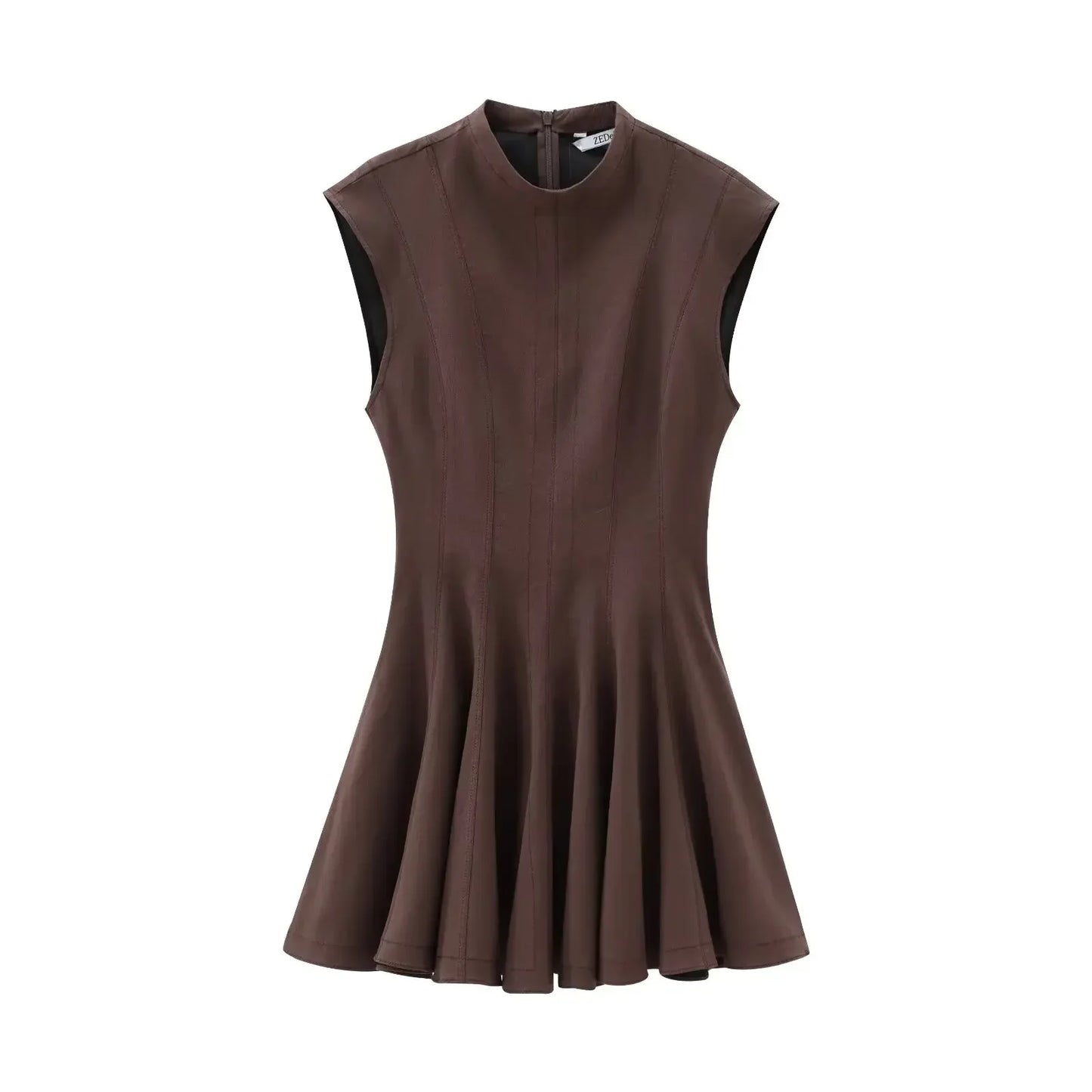Foridol Stand Collar Sleeveless Pleated Tank Dress for Women Brown Casual Short Autumn Winter Dress Zip Black Ladies Vestidos
