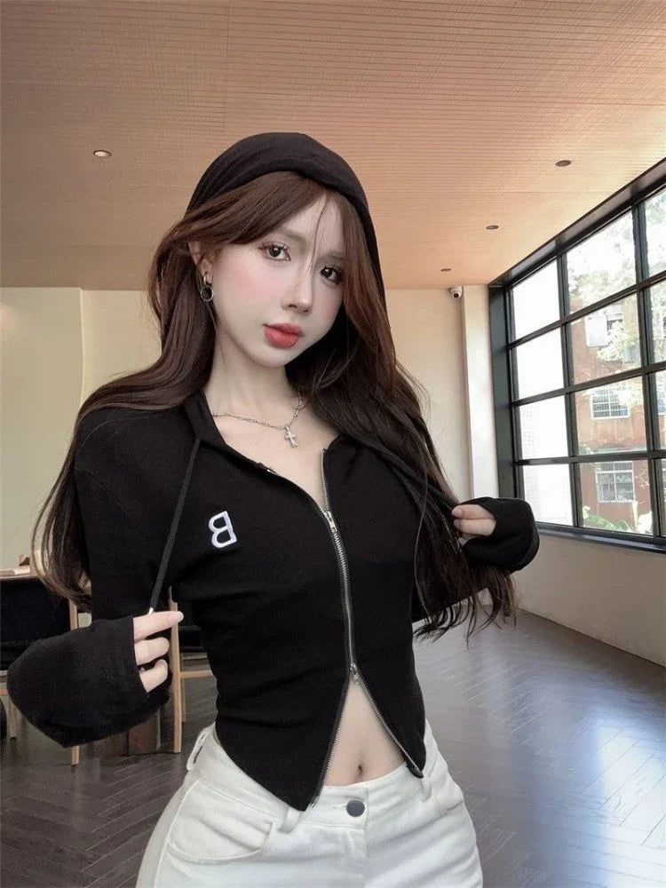 Y2k American Vintage Zip Up Hoodies 2000s Long Sleeve Subculture Hooded Sweatshirt Hot Girl Letter Short Slim Autumn Coat Chic