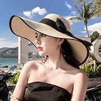 Women Sun Hat Big Eaves Waves Beach Cap Ladies Hat Big Brim Sun Visors UV Cut Bucket Panama Cap Foldable Straw Sunscreen Vintage