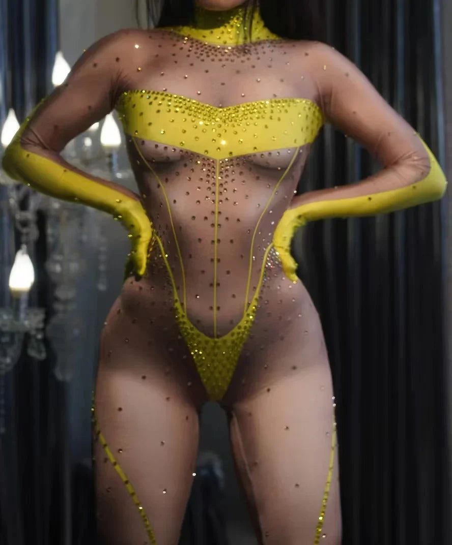 Sparkly Rhinestones Jumpsuit Women LongSleeve Nightclub Prom Party Outfit Singer DancerPerformance Dance Costume Stage Wear B171