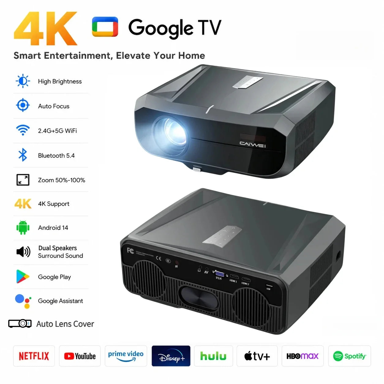 4200ANSI 900D 4K Supported Projector Native 1080P Smart Google TV WiFi 6 TOF Auto Focus Auto Keystone Home Theater Dual Speakers