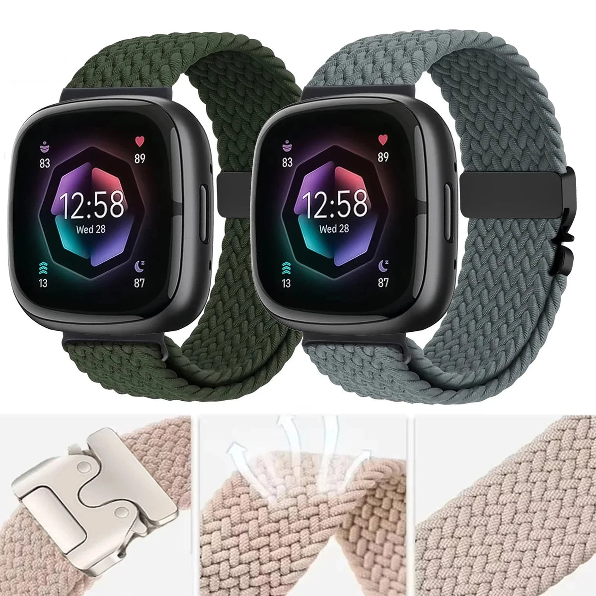 Fitbit Versa 4, Versa 3, Sense 2 & Sense Braided Band, Parachute Clip