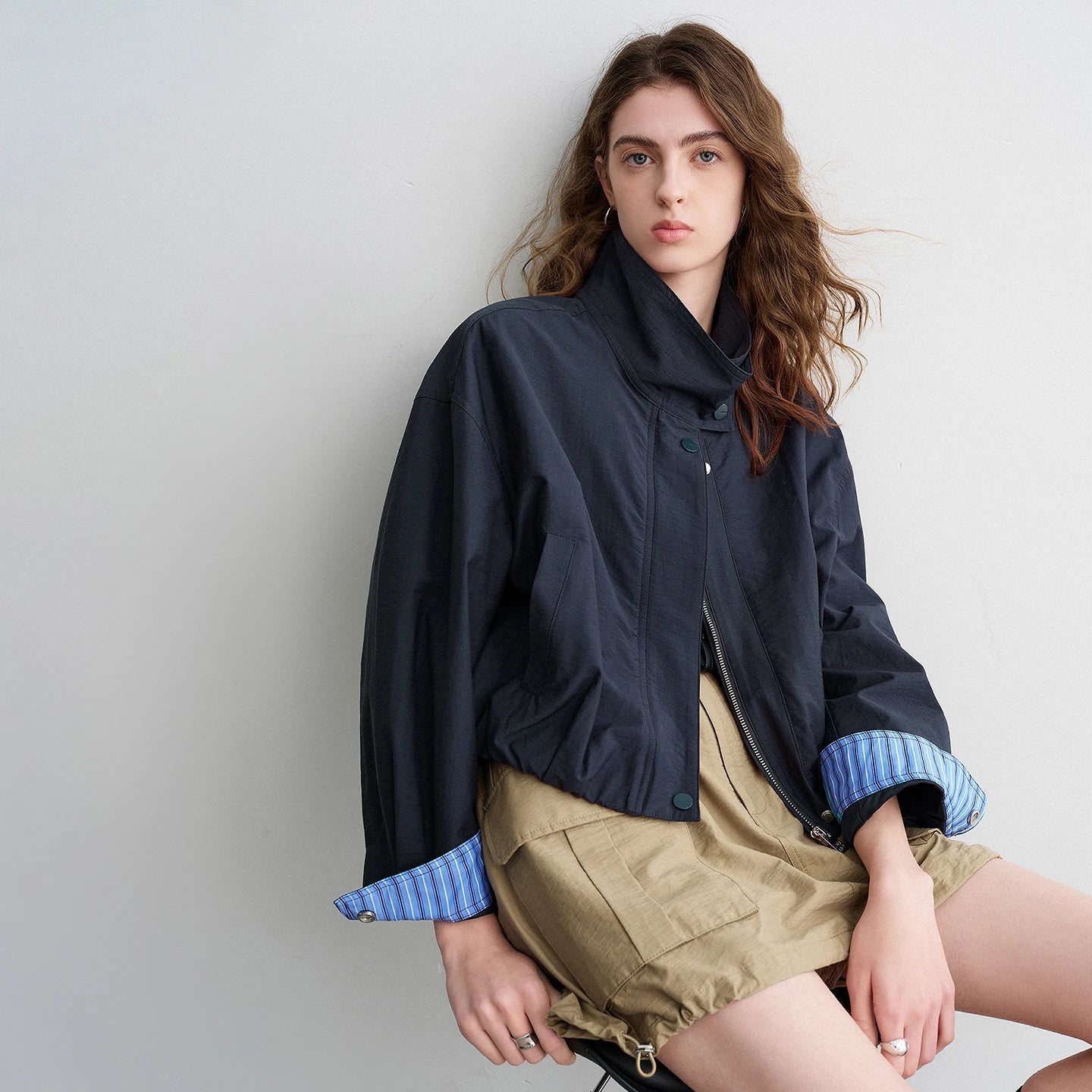 TOYOUTH Women Slub Cotton Jackets 2026 Spring New Cropped Tulip Silhouette Striped Cuff - Turn Up Stand Collar Tops