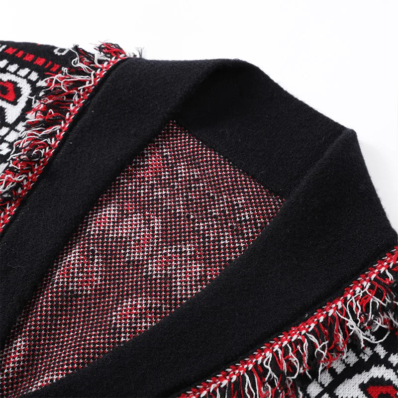 Casual Printed Cardigans Women Tassel Lace Up V-neck Full Sleeve Loose Knit Coat Female 2026 Autumn Fashion Lady Outwears