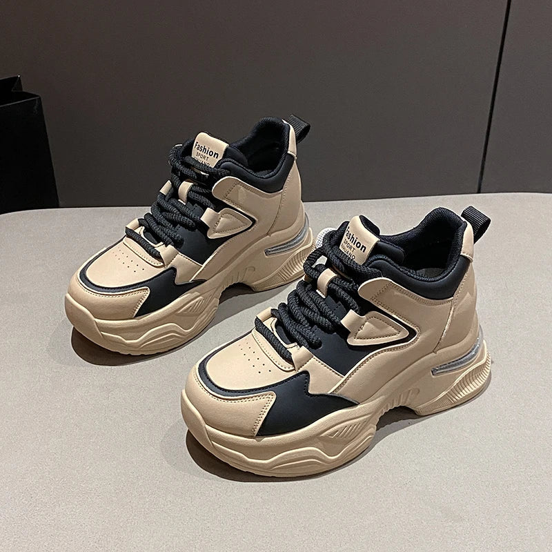 Chunky Platform Women Sport Sneaker Lace-Up Thick Bottom Vulcanize Shoes Woman Spring Autumn Pu Leather Breathable Running Shoes