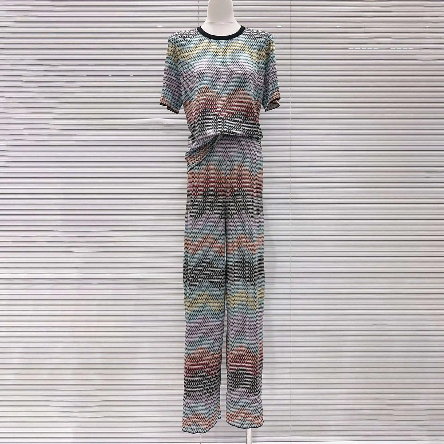 CHUJIE 2026 Summer New, Stylish And Versatile, Round Neck Colorful Contrast Striped, Short-sleeve Knitted Top + Trousers Set