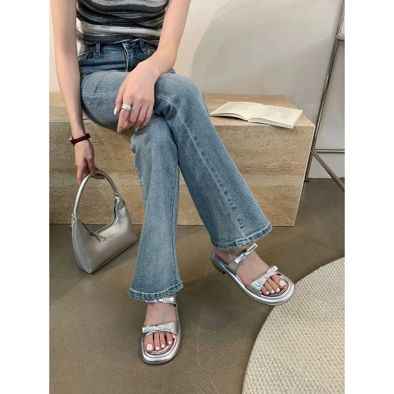 New Summer Women's Slippers 2024 Stylish Peep-toe Low Heel Silver Women's Comfortable Beach Shoes Sapatilas