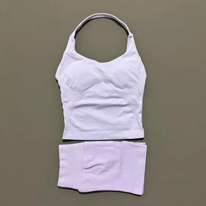 2 Pieces Shorts Yoga Set Women Backless Halter Tops High Waist Seamless Shorts Gym Suit Fitness Sportswear Workout Sets