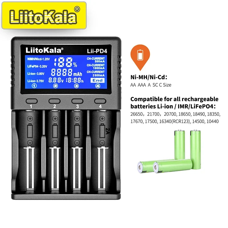 LiitoKala Lii-PD4/PD2 AC PD Charger LCD Fast Charging 4/2-Bay for 21700/18650/AA/AAA Multi-Protection Auto-Detect