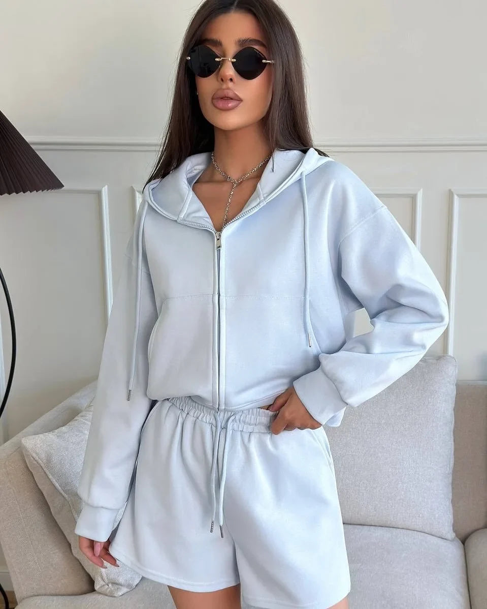 Womens Classic Hoodies and Short Suits Pants Tracksuits Sold Two 2 Piece Outfit Zip Up Sweatshirt Sporty Basic Casual Sweatsuits