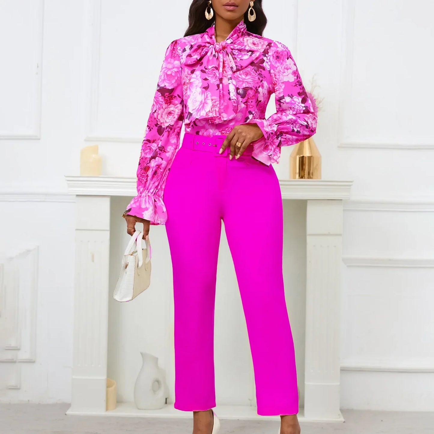 2 Piece Set  Clothes for Women Spring Clothing 2024 New Plus Size Outfit Print Shirt Pants Matching Sets With Belt