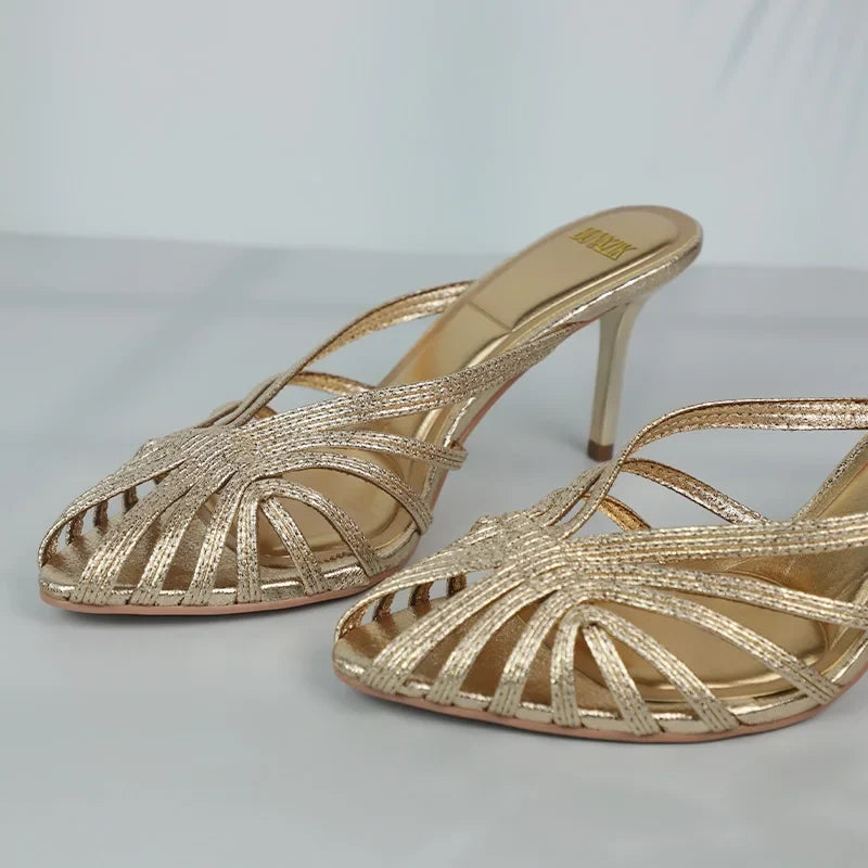 Women Shoes 2025 New Gold Hollow High Heels Luxury Pointed Toe Heeled Pumps for Women Office Mules Summer Stiletto Shoes Sandals