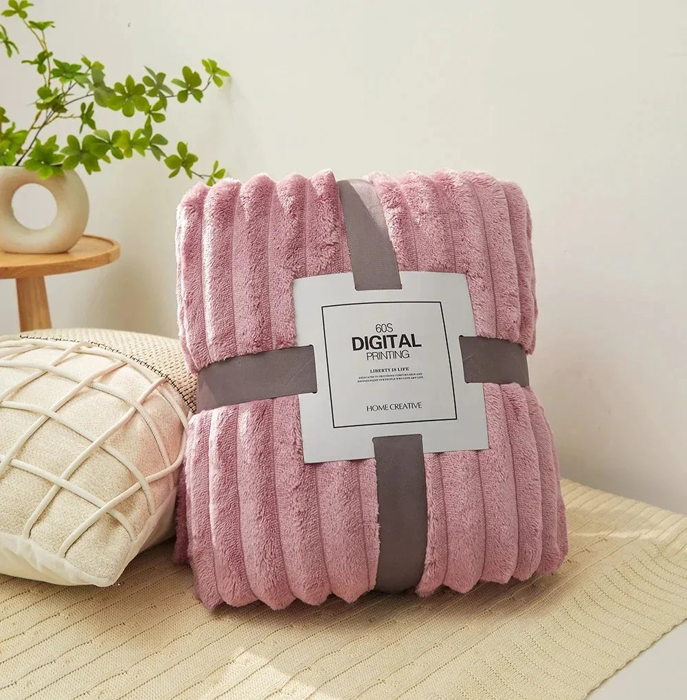 Coral Fleece Flannel Blanket 300GSM Ultra Soft Microfiber Plush Throw Blanket Warm Striped Cozy Blanket for Couch Bed Sofa