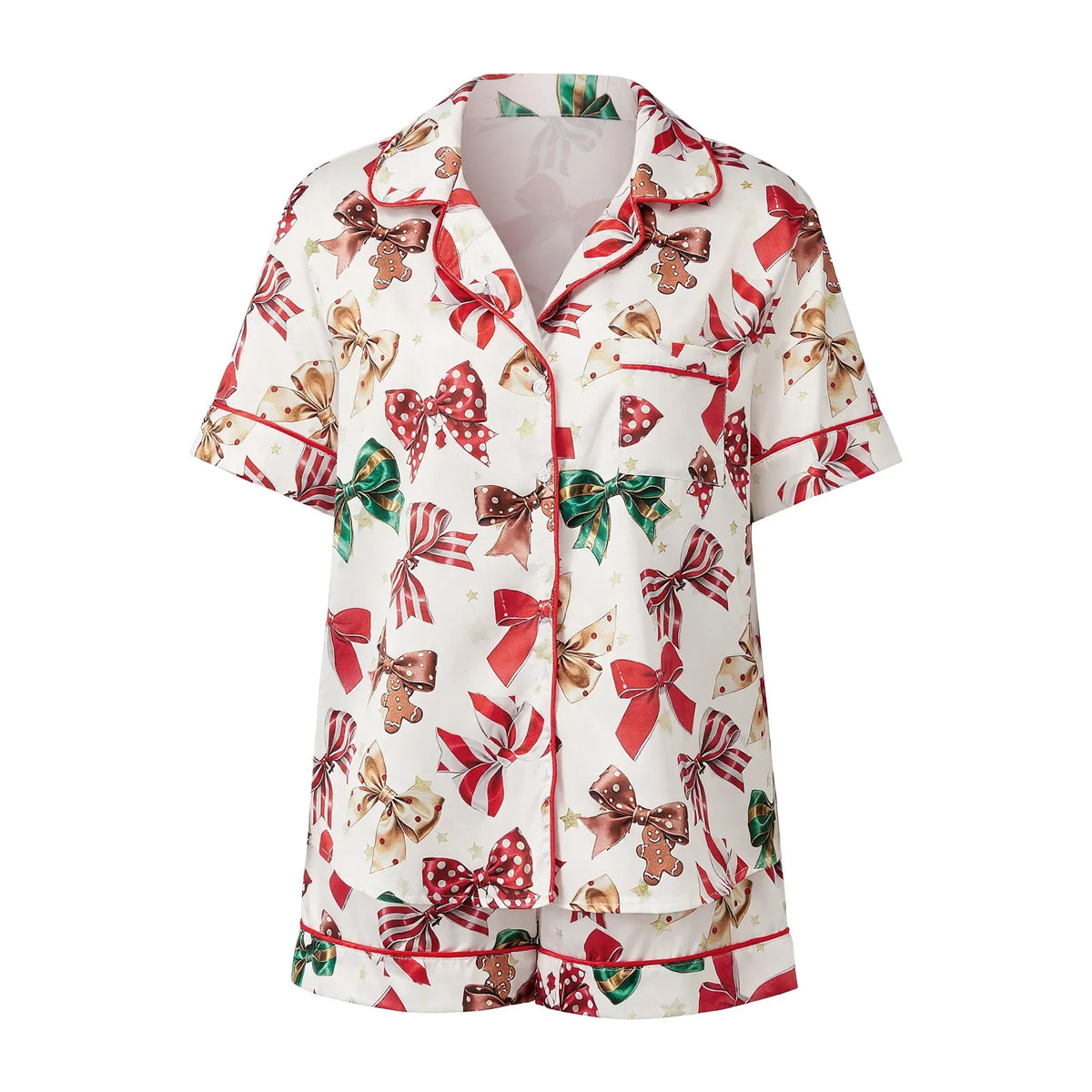 Women's Satin Christmas Pajama Set Short Sleeve Lapel Christmas Elements Print Shirt Shorts Two Pieces Sleepwear