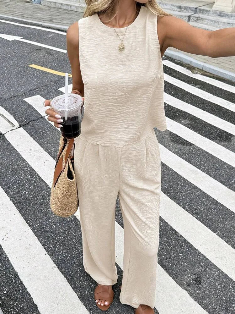 Ladies Spring Summer Elegant Casual Holiday Wear Solid Color Sleeveless Back Tied Top Straight Leg Pants Outfit
