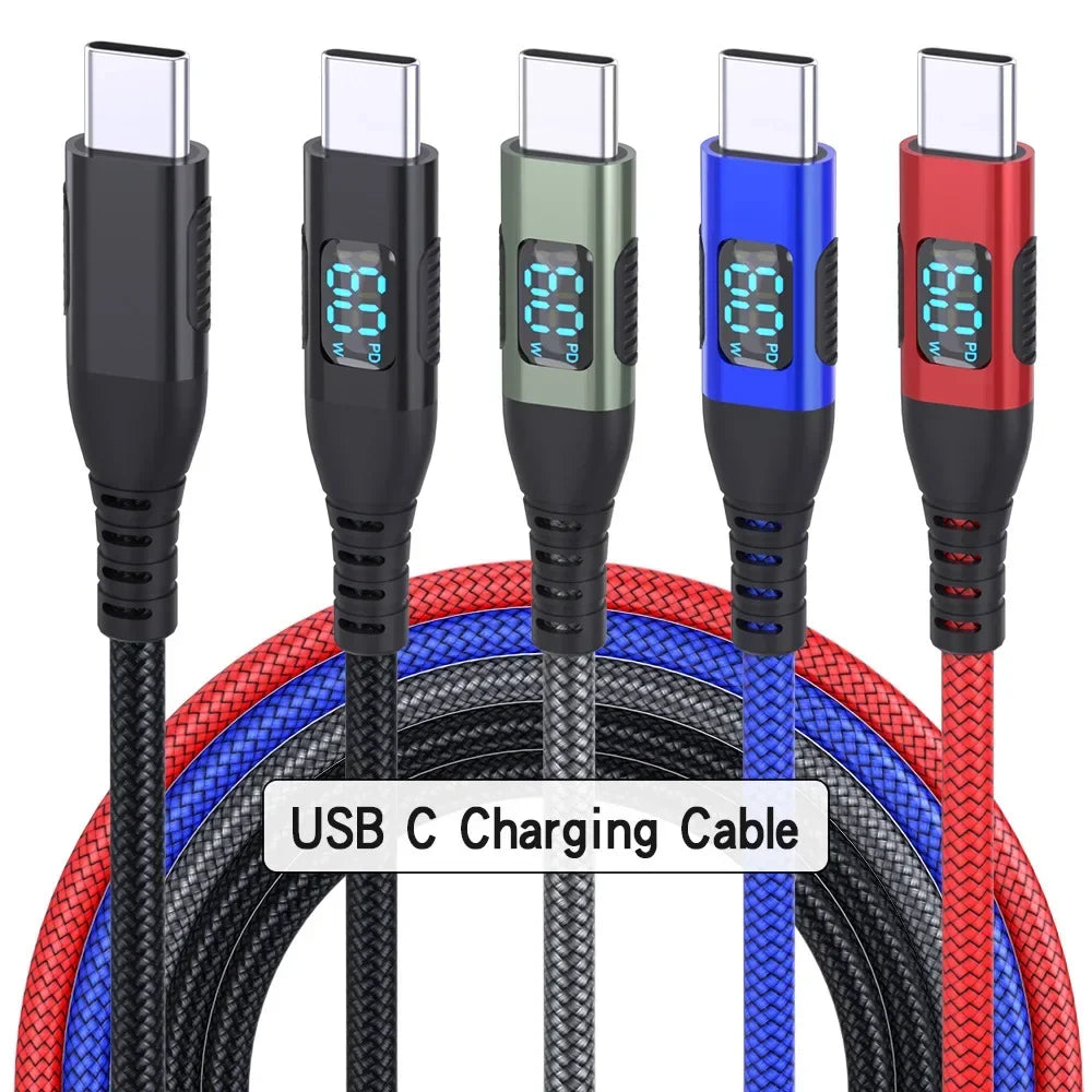 HOMEFISH LED Digital Display Dual Head Type-C Super Fast Charger 100W 6A Compatible with Huawei Xiaomi Phone PD Charging Cable