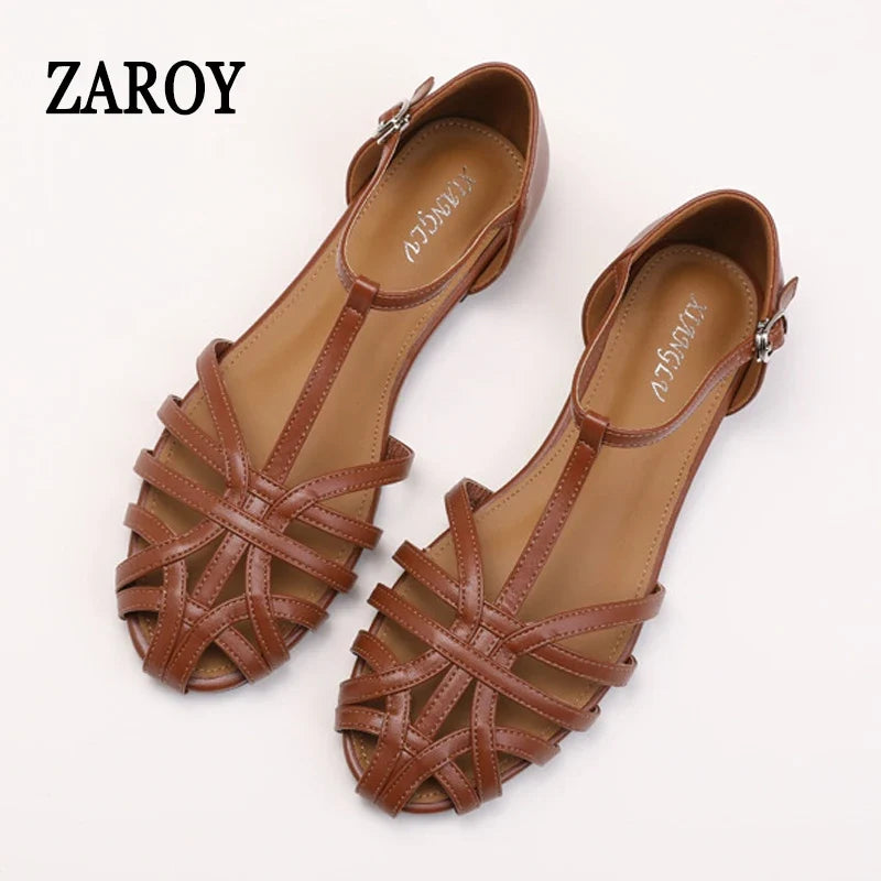 ZAROY Women's Sandals Summer Casual Footwear T-tied Cross Strap Flat Sandals Weave Hollow Roman Sandalia Zapatos сандали