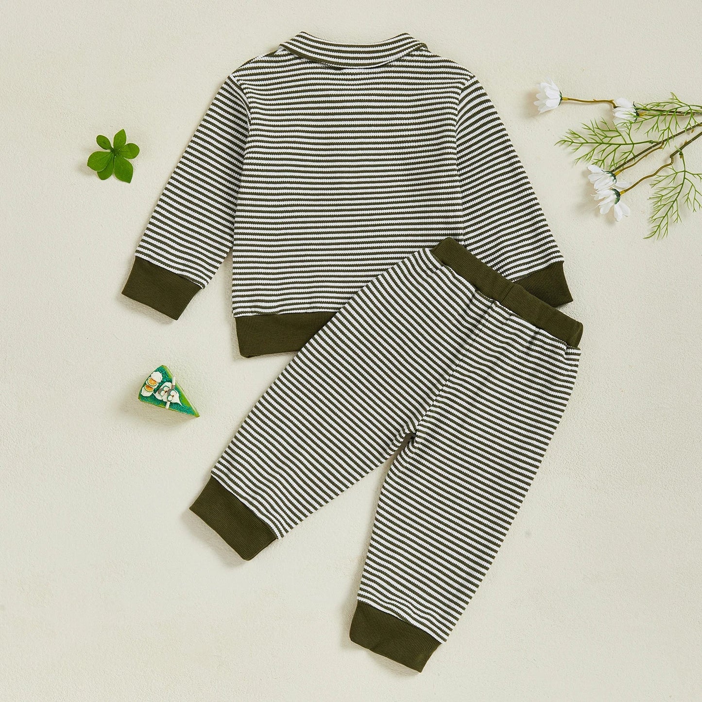 Baby Toddler Boys 2Pcs Long Sleeve Embroidery Duck Top with Striped Pants Infant Clothes Set