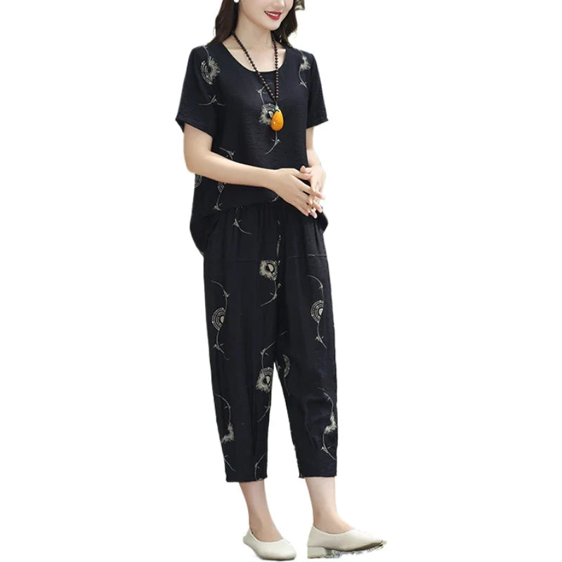 Classic Summer Two Piece Set (T-shirt+Pants) 2024 Women's Plus Size Fashion Casual Short Sleeve Classic Knitted Button Clothing