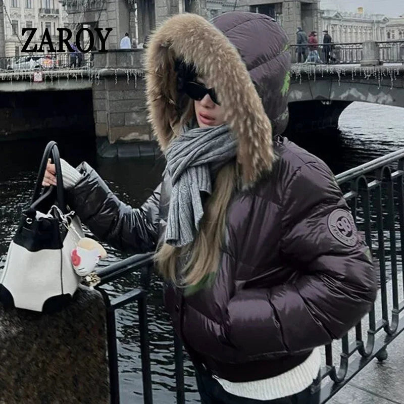 ZAROY Faux Fur Hooded Cotton Puffer Jacket Women Winter Quilted Zipper Pocket Coat Y2K Retro Padded Parkas High Street Outerwear