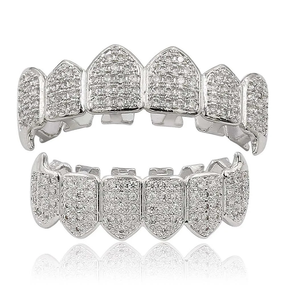 HipHop CZ Teeth Set For Unisex Top Bottom Mouth Gold Silver Color Teeth Tooth Cap Removable Dental Fashion Jewelry
