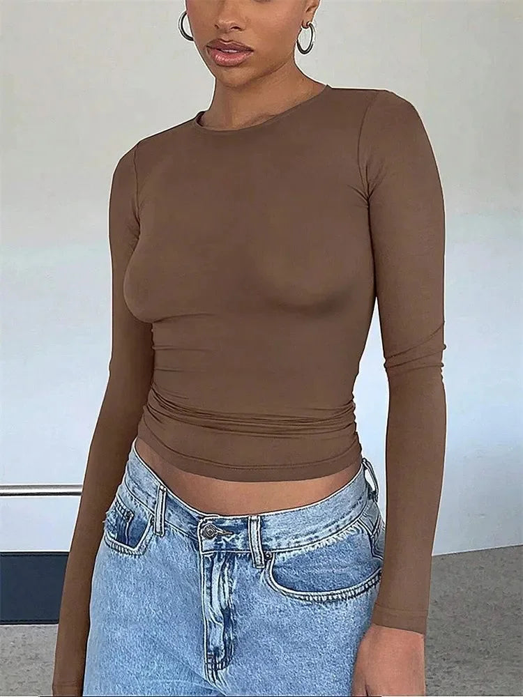 Basic Long Sleeve Crop Top for Women Spring Autumn Winter Round Neck Slim Fit Solid Color T-shirt Streetwear Tee Top