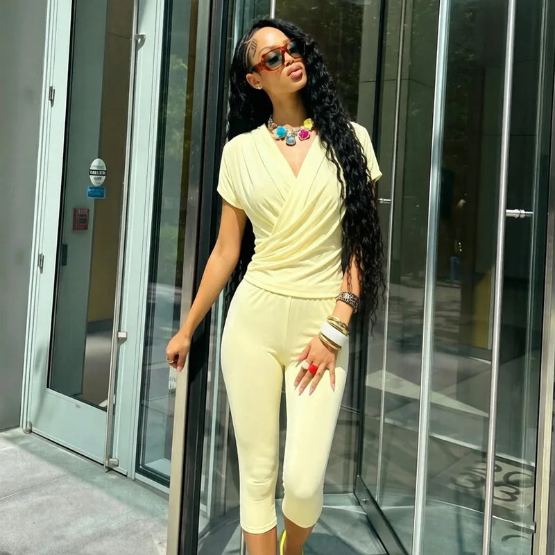 Stylish Lady Cross V Neck Ruched Short Sleeve Two Piece Set High Waist Capri Pants 2026 Women Solid Bodycon Casual Tracksuit