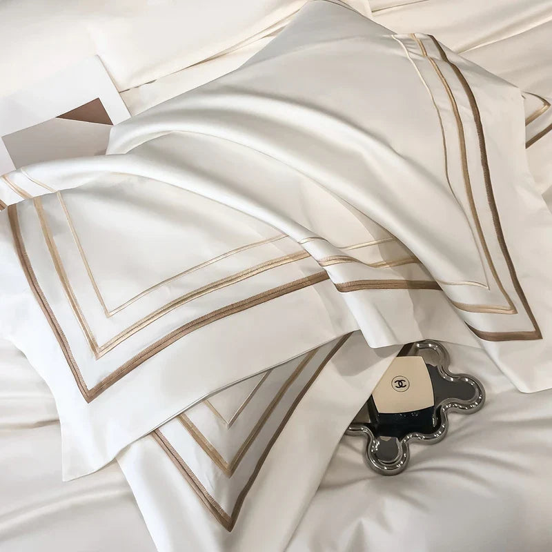Hotel Style Bedding Set Luxury Golden Embroidery Duvet Cover Grey Egyptian Cotton Bed Sheets Pillowcases Solid Color Bedclothes
