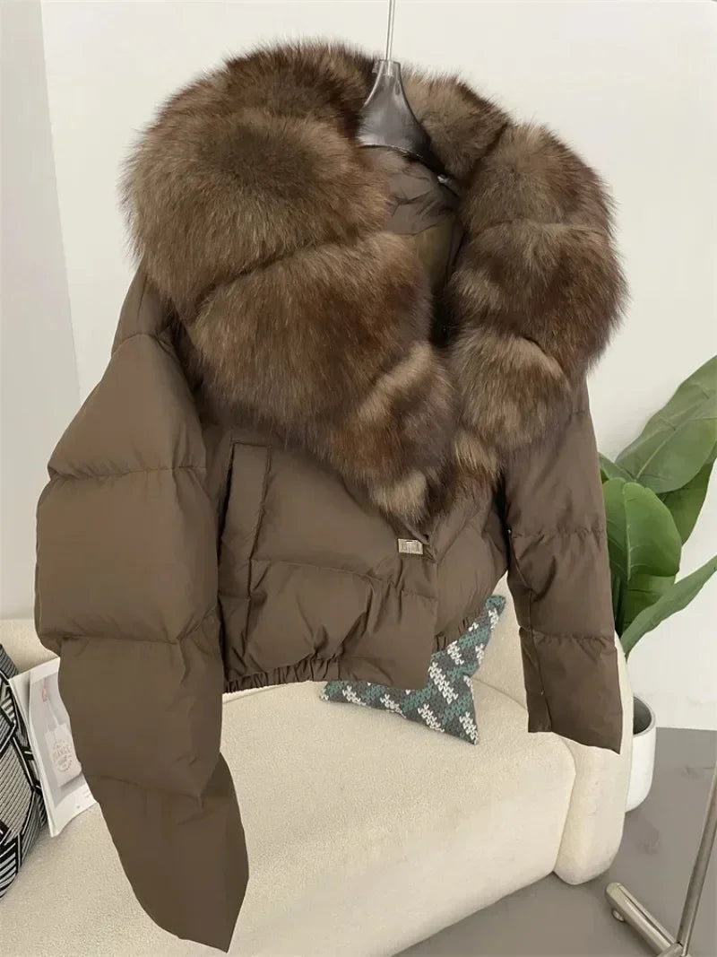 Down Jacket Women Short Puffer Jacket Thick New Big Natural Real Fox Fur Coat  Autumn Winter Female White Duck Down Coat Feather