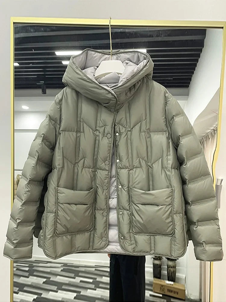 Winter Women 90% White Duck Down Coat Female Stand Collar Single-Breasted Puffer Jacket Casual Loose Hooded Parkas Coat Women