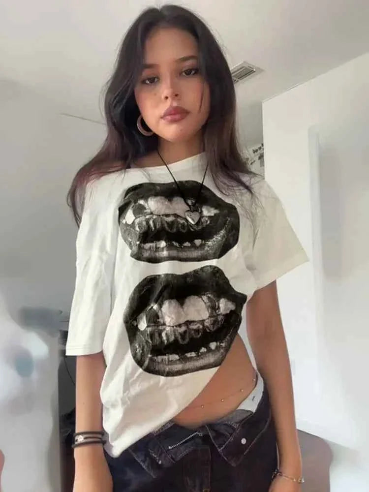Women’s Streetwear Mouth Print Loose T-Shirt