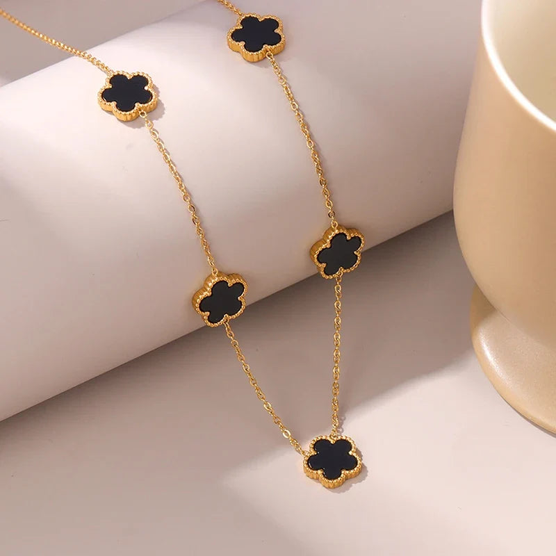 14K Gold Plated Stainless Steel Necklace Woman Five Leaf Petals Double
