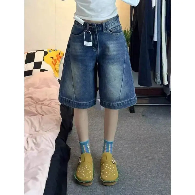 Blue Loose Wide Leg Denim Shorts Women's Summer New Design High Waist