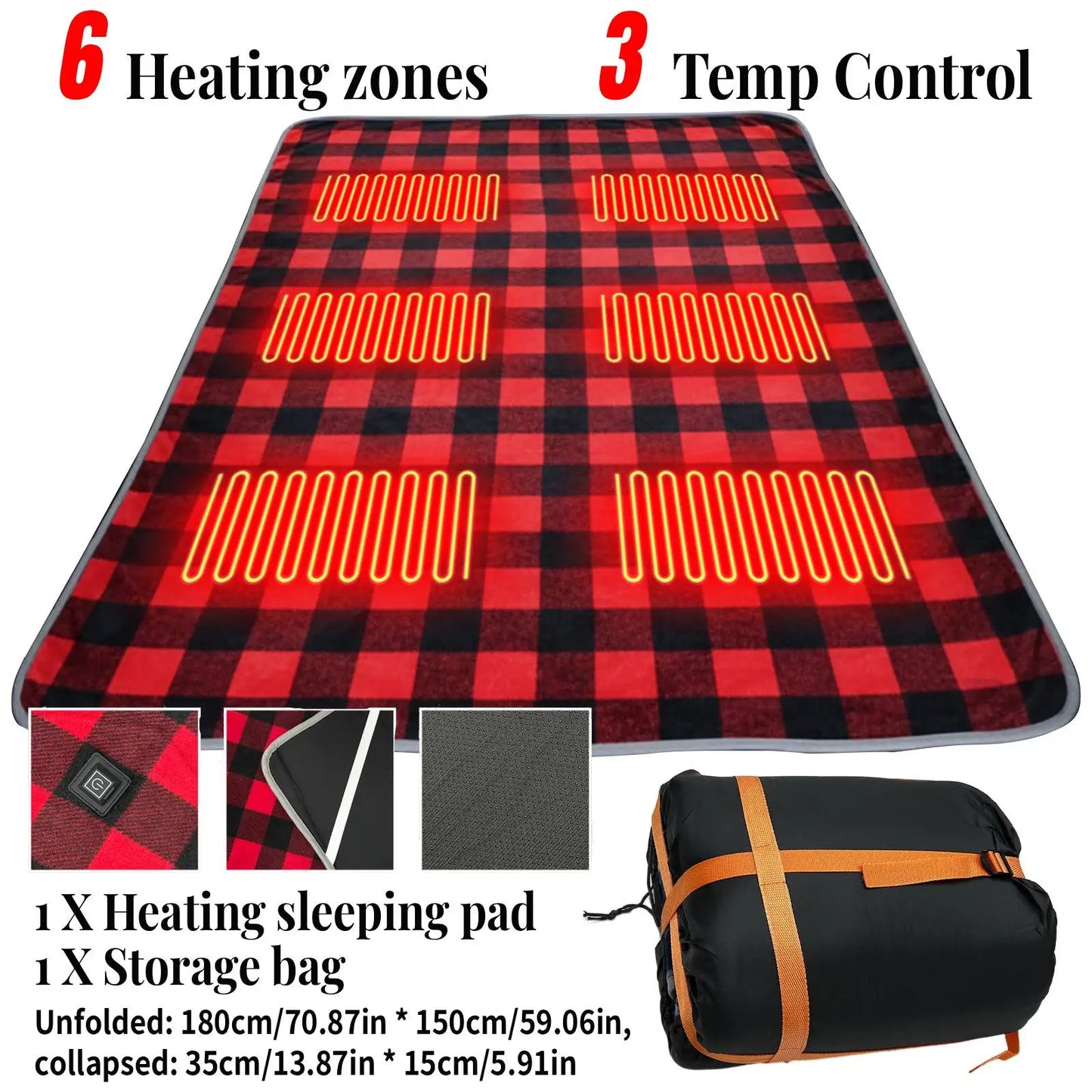 Winter Camping Gear- Sleeping Electric Heating Pads 3 Temp Adjustament Heating Cushion Pad Cold Resistant for Outdoor Sports Mat