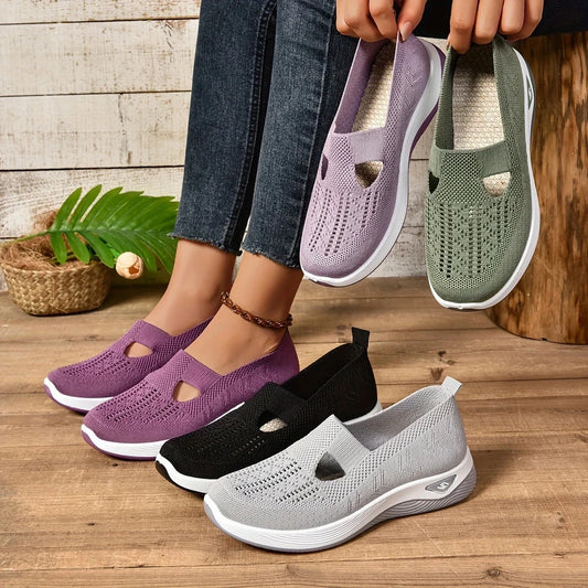 Women's shoes, casual sports shoes, solid color breathable sports soft-soled lightweight walking shoes, low-top knitted casual s