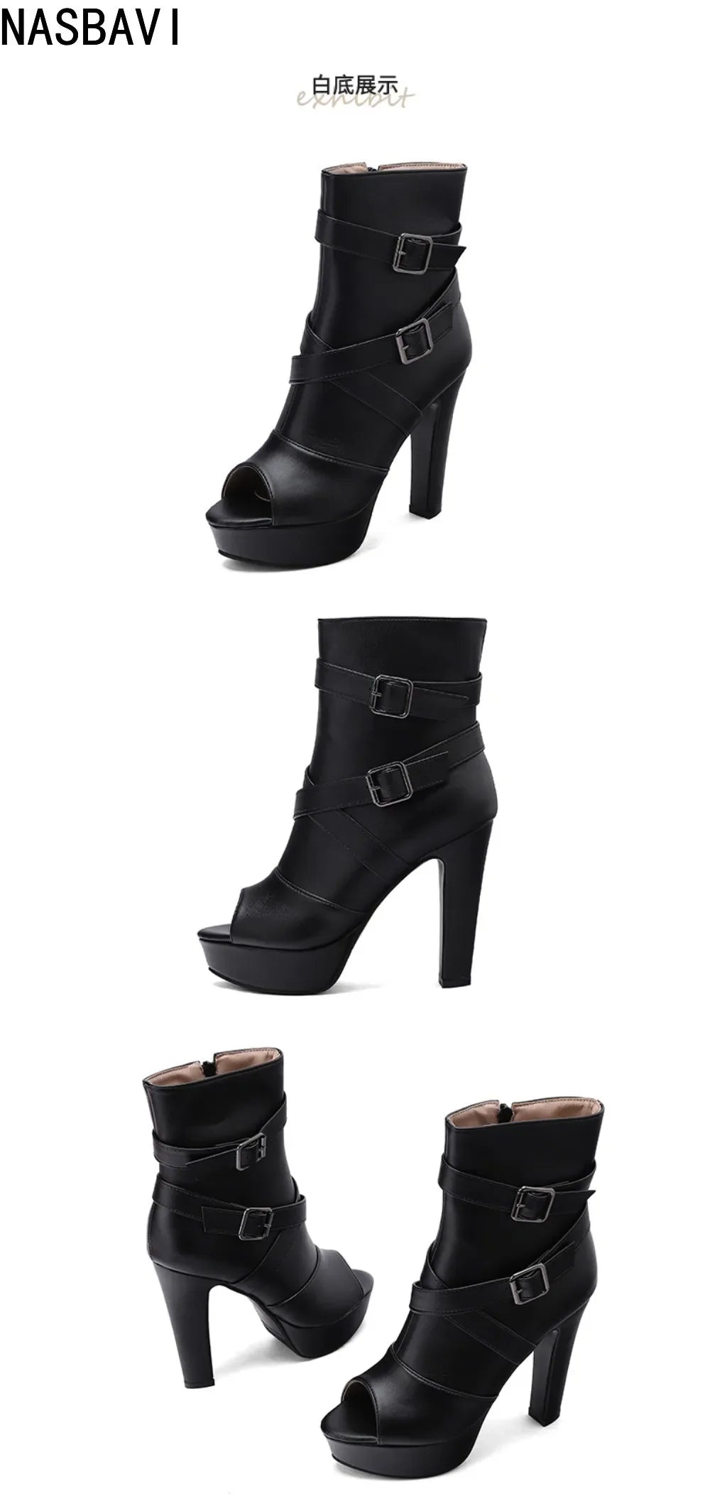 White Sexy Women Sandals Peep Toe 12cm Chunky Platform Zipper Belt Big Size 34-50 Dating Nightclub Ankle Cool Sandals Boots