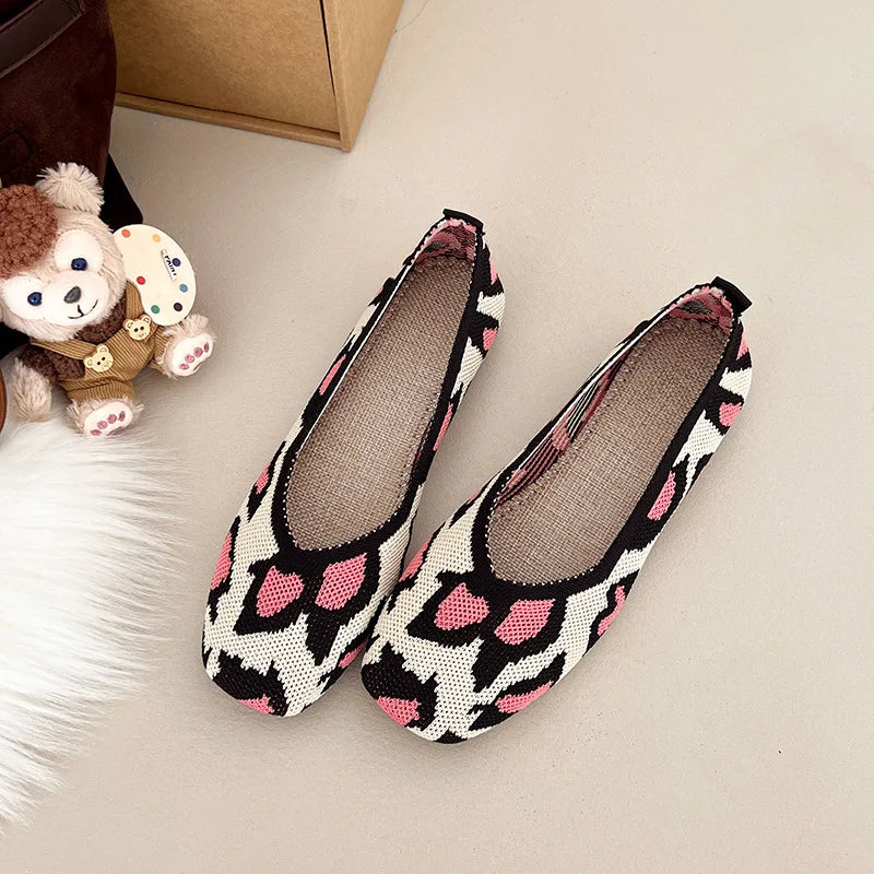 Leopard Color Square Toe Knitted Loafers Women Leisure Flat Shoes Soft Bottom Shallow Ballet Flats Casual Slip on Boat Shoes