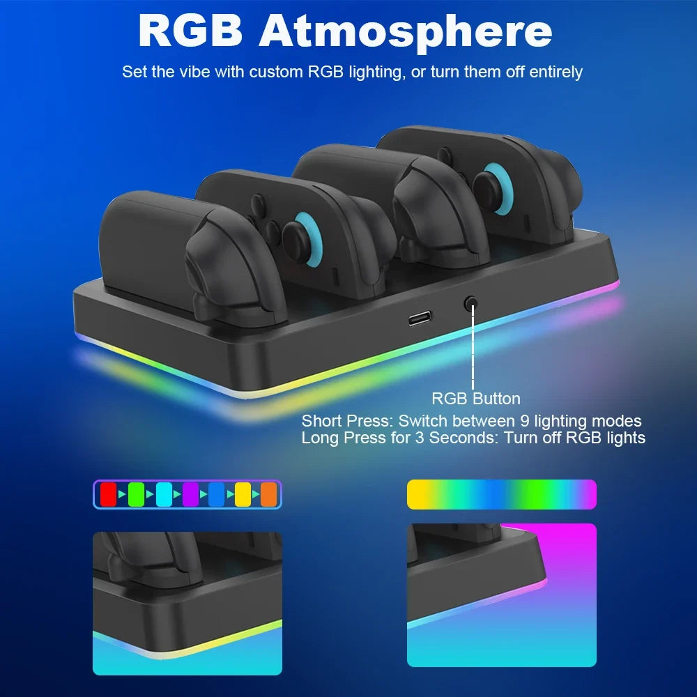 Multi-functional Charging Dock For Switch 2 Joy-Con Controller Charger Station RGB Light Fast Charging Stand For Switch2 Gamepad Charging Base With Type-C Cable