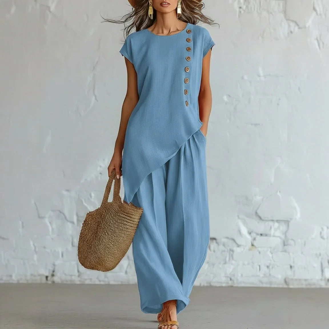 2026 Women 2 Piece Set Elastic Waist Pocket Button Decorate Wide Leg Pants+Solid Blouse Suit Casual Top Trousers Lady Outfits