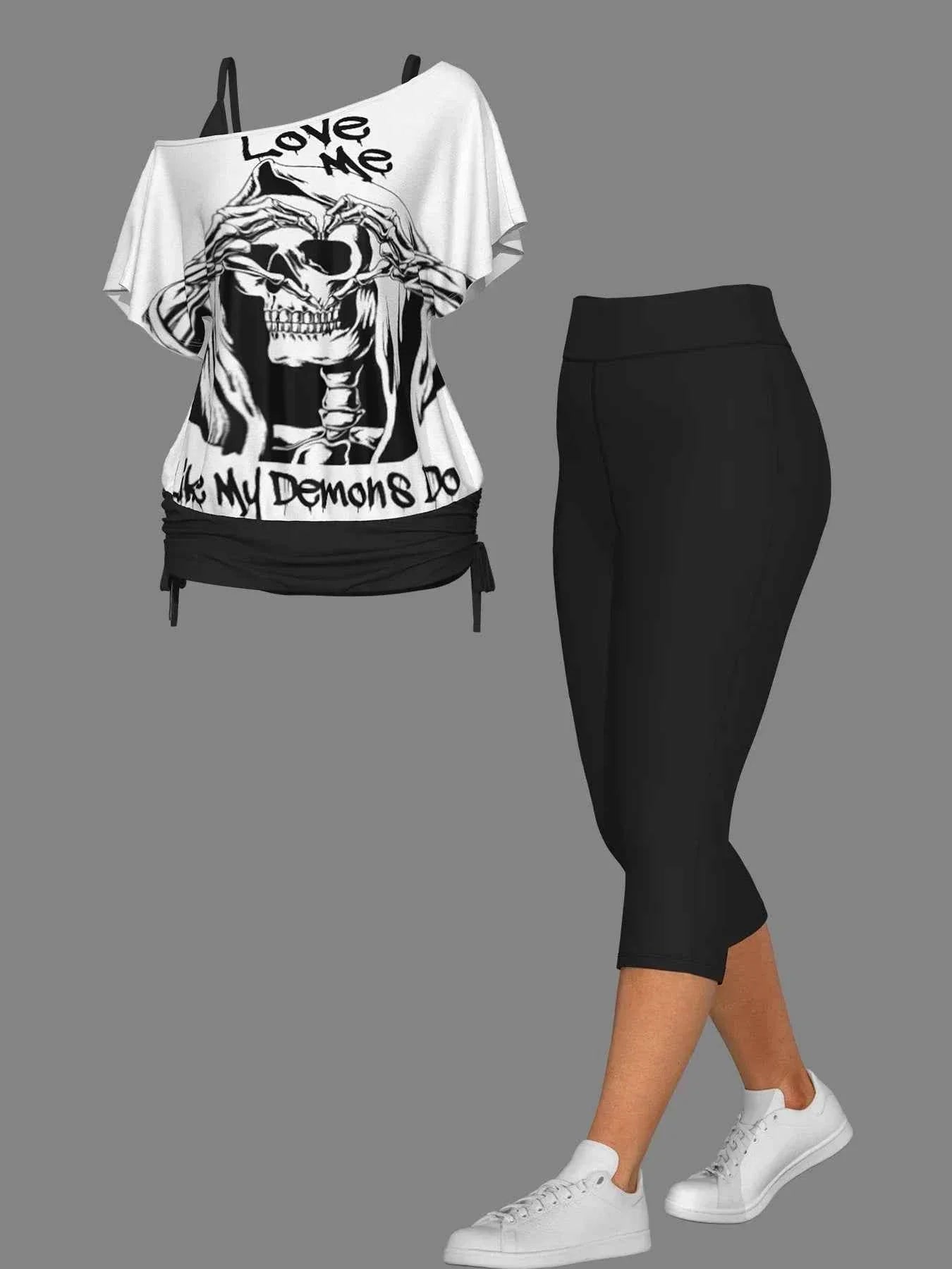 Plus Size Gothic Skull One-Shoulder Short Set Streetwear