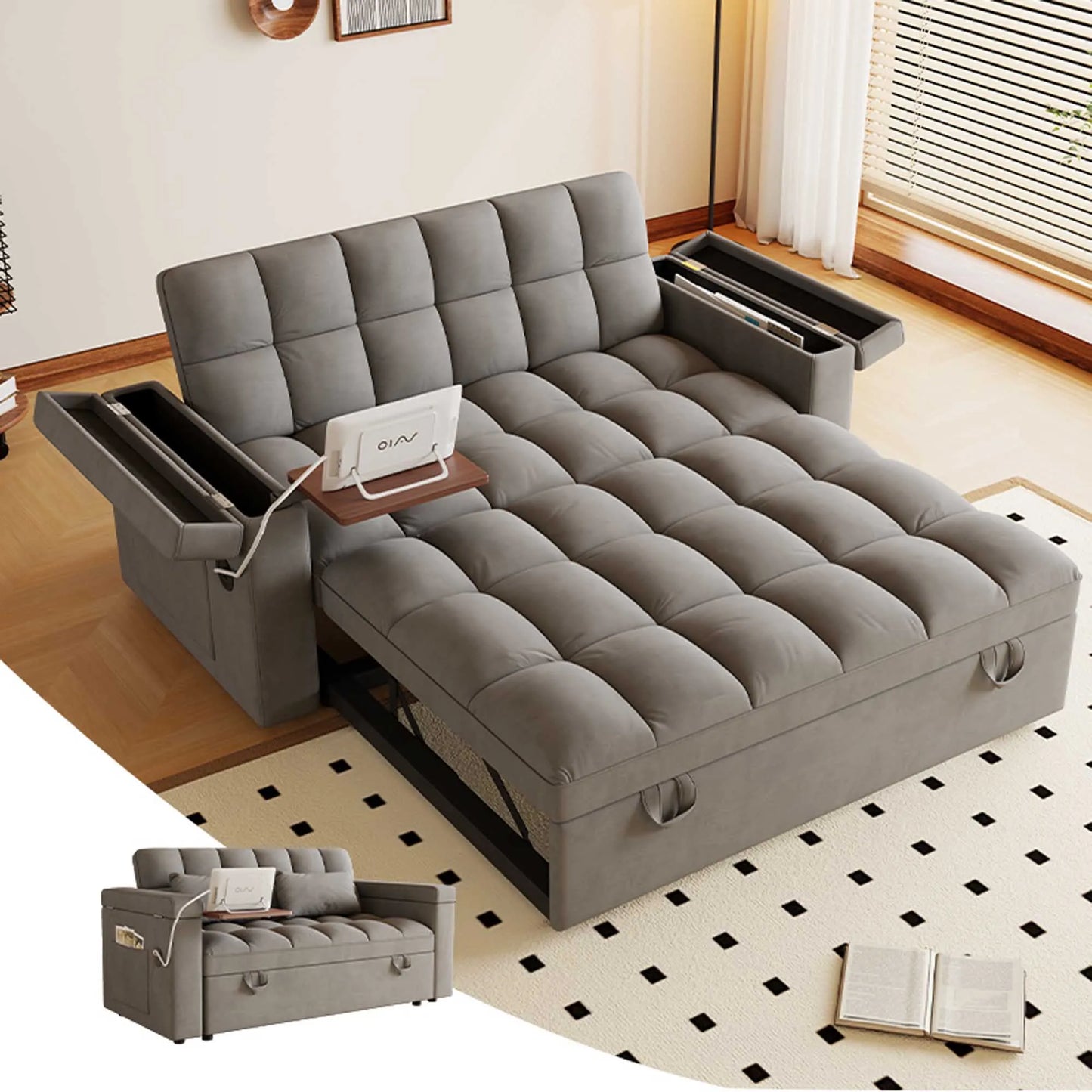 65" 3-in-1 Foldable Velvet Sofa Bed with USB Charging Port, Table Board and Storage Armrests, Adjustable Backrest Sleeper Couch for Living Room Apartment Guest Room, Black