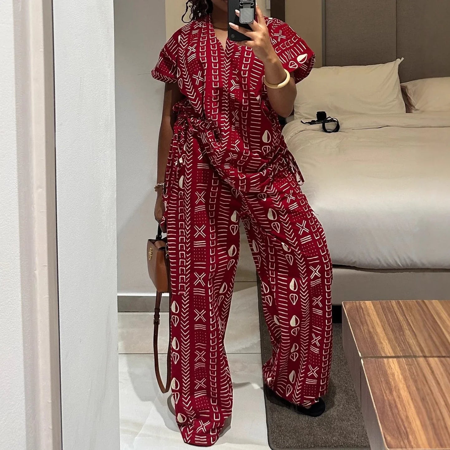 Women Two Pieces Pant Sets Solid Matching Set Pullover V Neck Printing Top High Waist Lace Up Pants Loose Fit Casual 2025 Summer