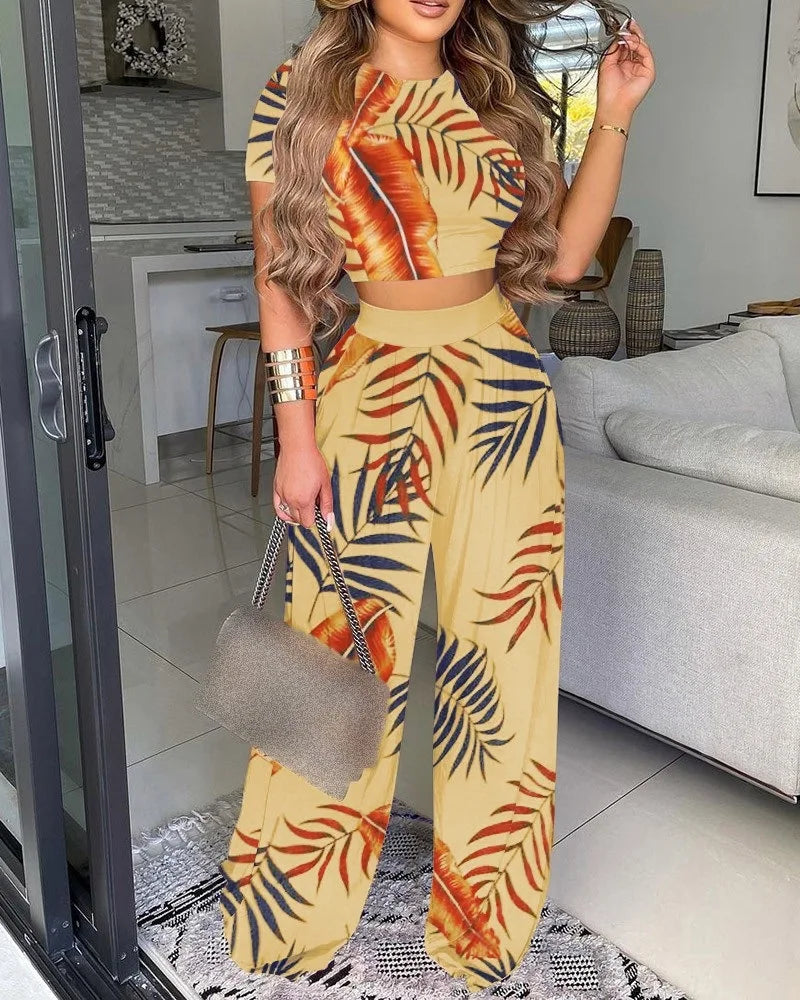 Spring Summer Flower Print Slim Suit Women Sexy O-Neck Short Sleeve Short T-shirt Top High Waist Wide Leg Pants Trousers Suit