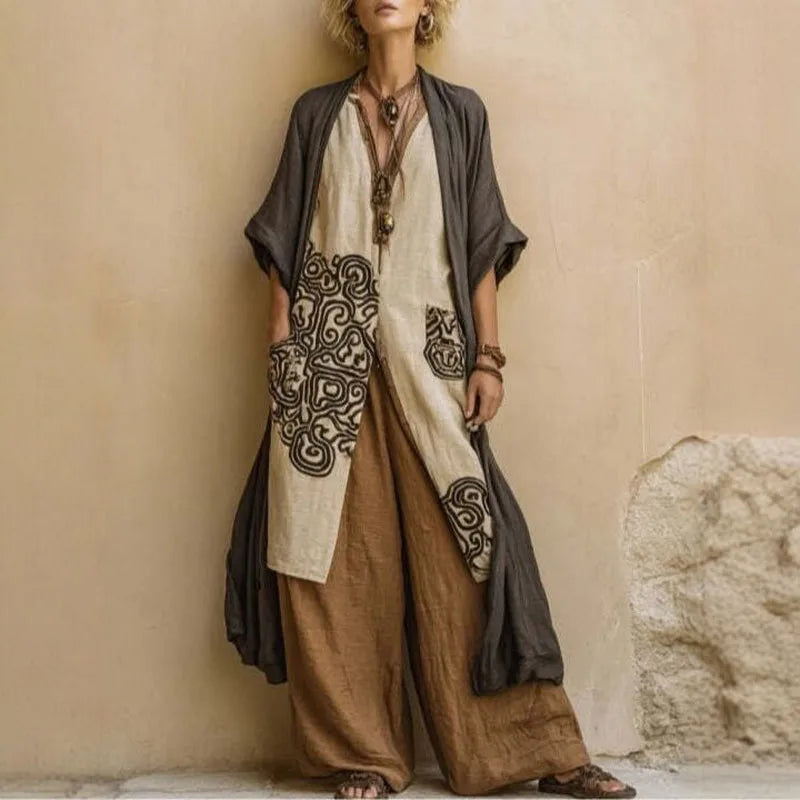 Summer Short Sleeve Loose Robe Set Woman Sexy V Neck Slit Top+Wide Leg Pants+Long Cardigan 3 Piece Suit Spring Print Chic Outfit