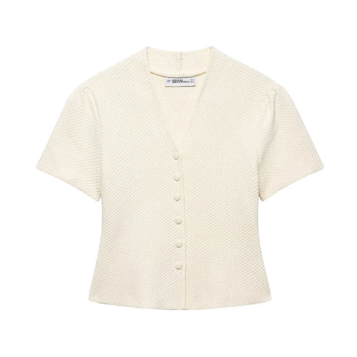 Women's Fashion Casual Structured Knit Jacket Women Beige V Neck Short Sleeve Textured Knit Cardigan Button Front Top Charm 17M0