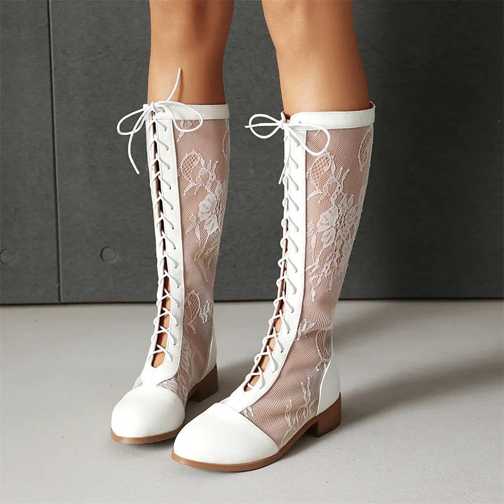 2026 Plus Size 48 Black Flower Mesh Lace Knee High Boots Women Breathable Square Heels Red White Summer Boots Shoes Zipper