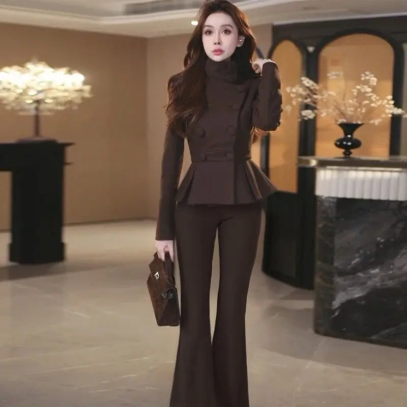 Fashion Two-Piece Set 2026 Spring And Autumn New Slim Women Double Breasted Stand Up Collar Suit Blazer Pants Suit Brown Black