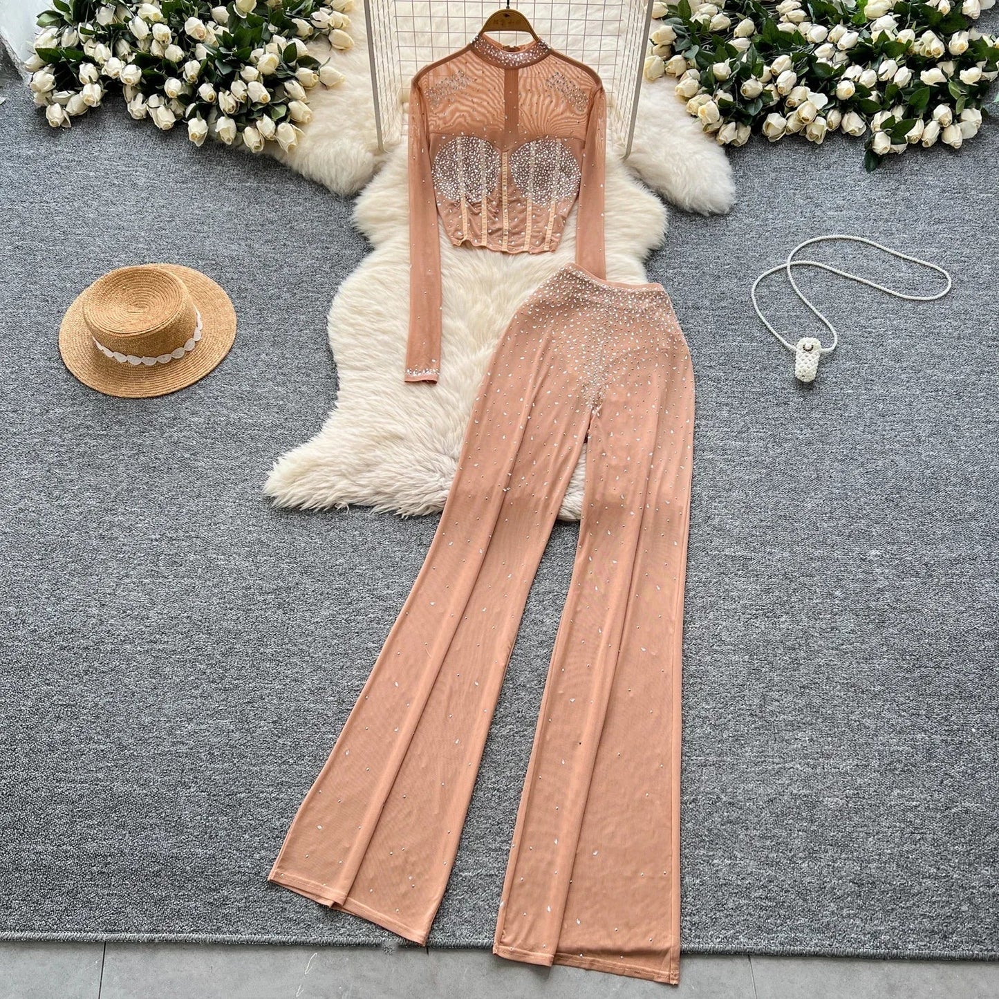 Fashion See Through Mesh Rhinestone Chic Long Sleeve Slim Short Top High Waist Wide Leg Pants Evening High Street Two-piece Sets