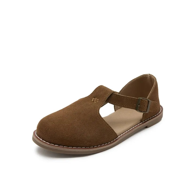 AIYUQI Flat-Soled Retro Frosted Genuine Leather Women's Sandals 2026 New Hollow Women's Shoes Roman Baotou Sandals for Women